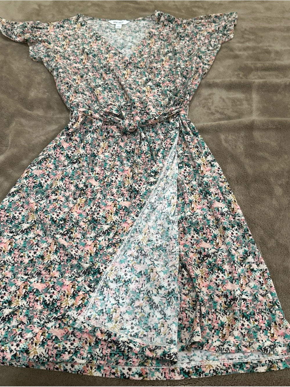 Nine West Floral Faux-Wrap Midi Dress in Pink and Green